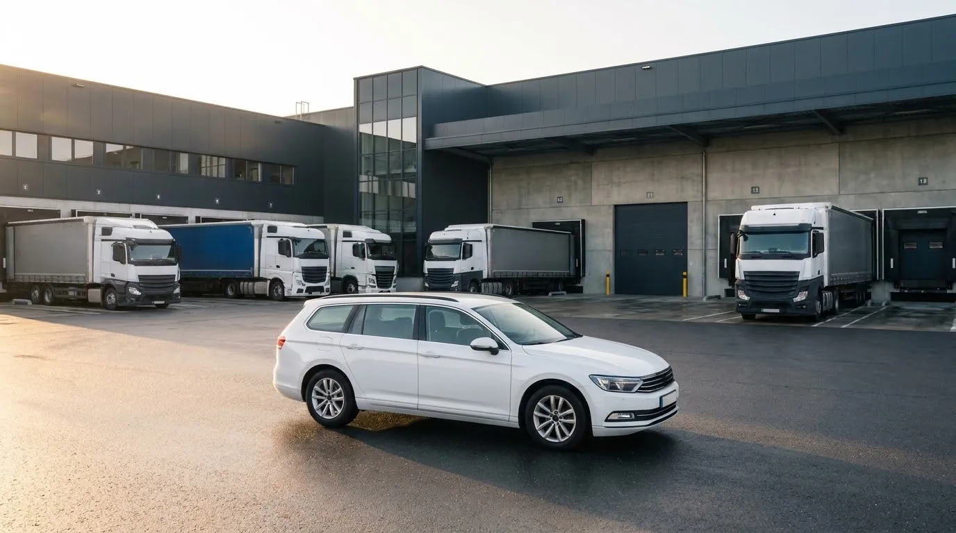 A white Volkswagen Passat estate in a logistics depot yard, tractor units at the loading docks behind it