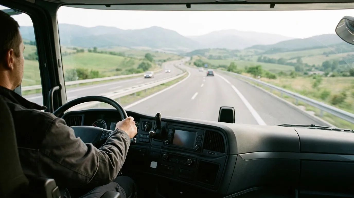 A driver's hands on a truck steering wheel, with the motorway and hills ahead