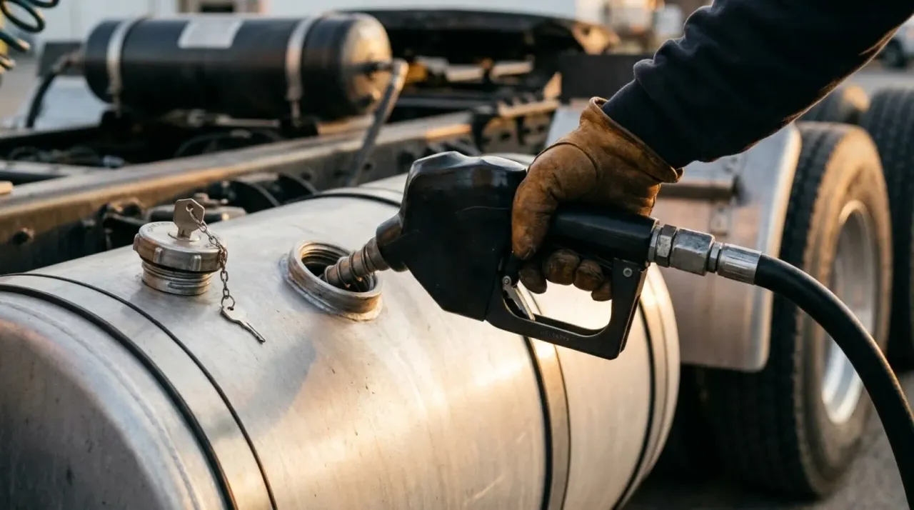 Dłoń w rękawicy tankuje ciężarówkę: pistolet dystrybutora w otworze aluminiowego zbiornika