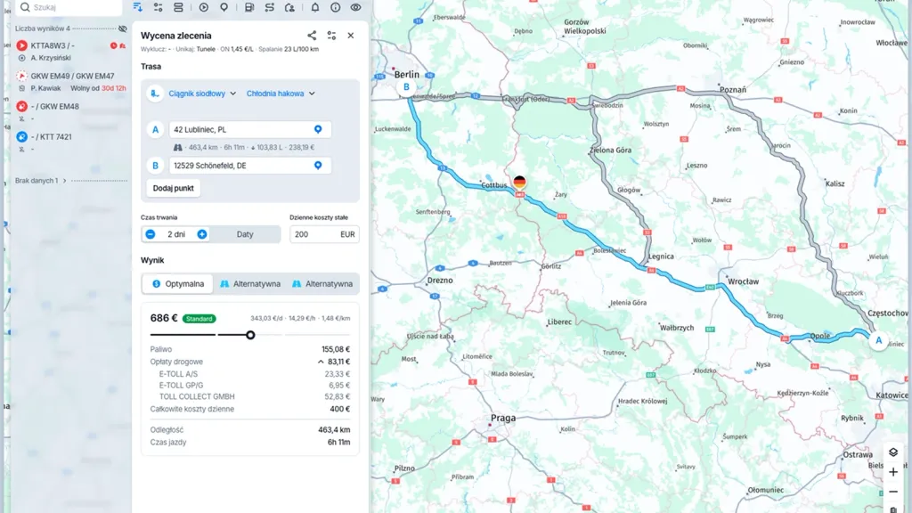 Kalkulator kosztów trasy dla przewoźnika