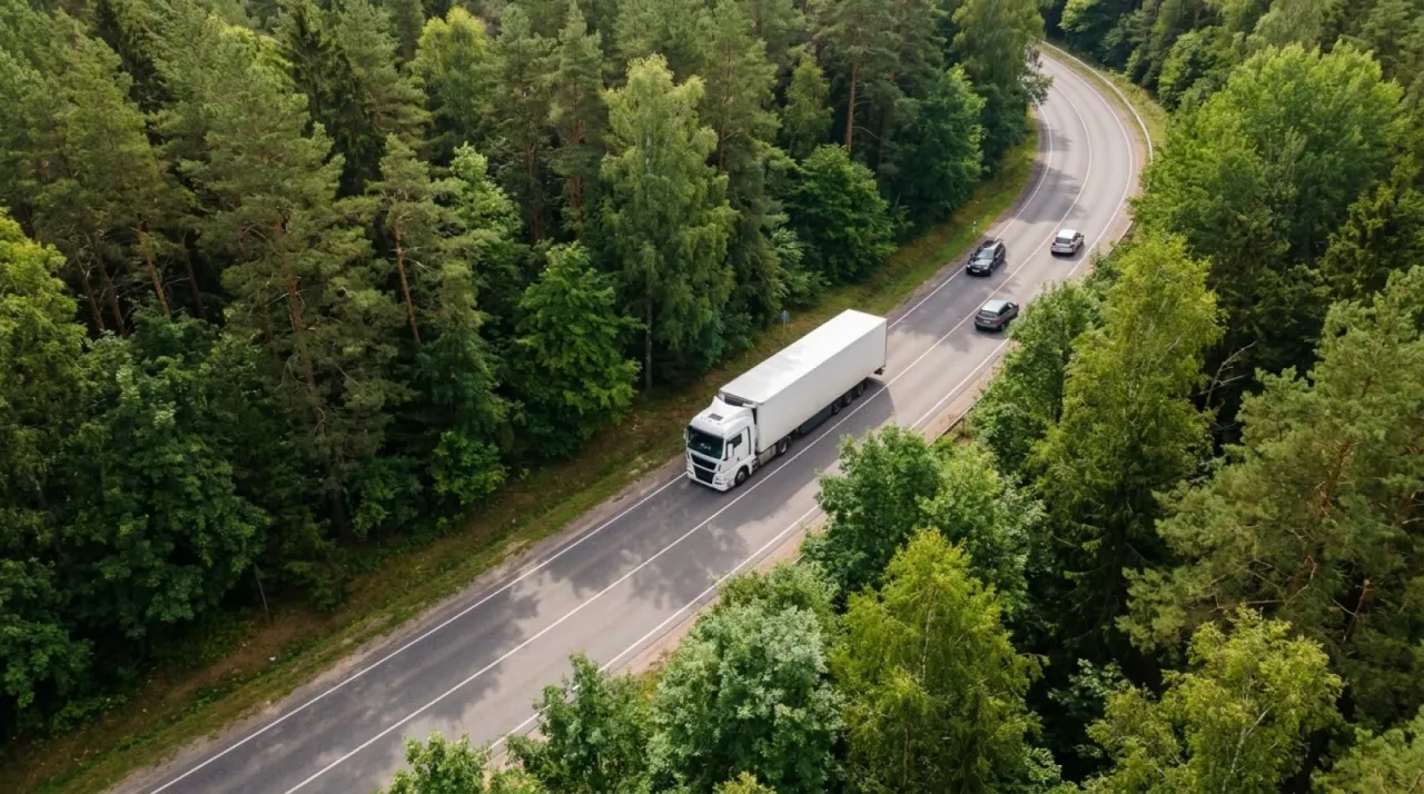 Ciężarówka z naczepą na drodze przez las, widok z góry