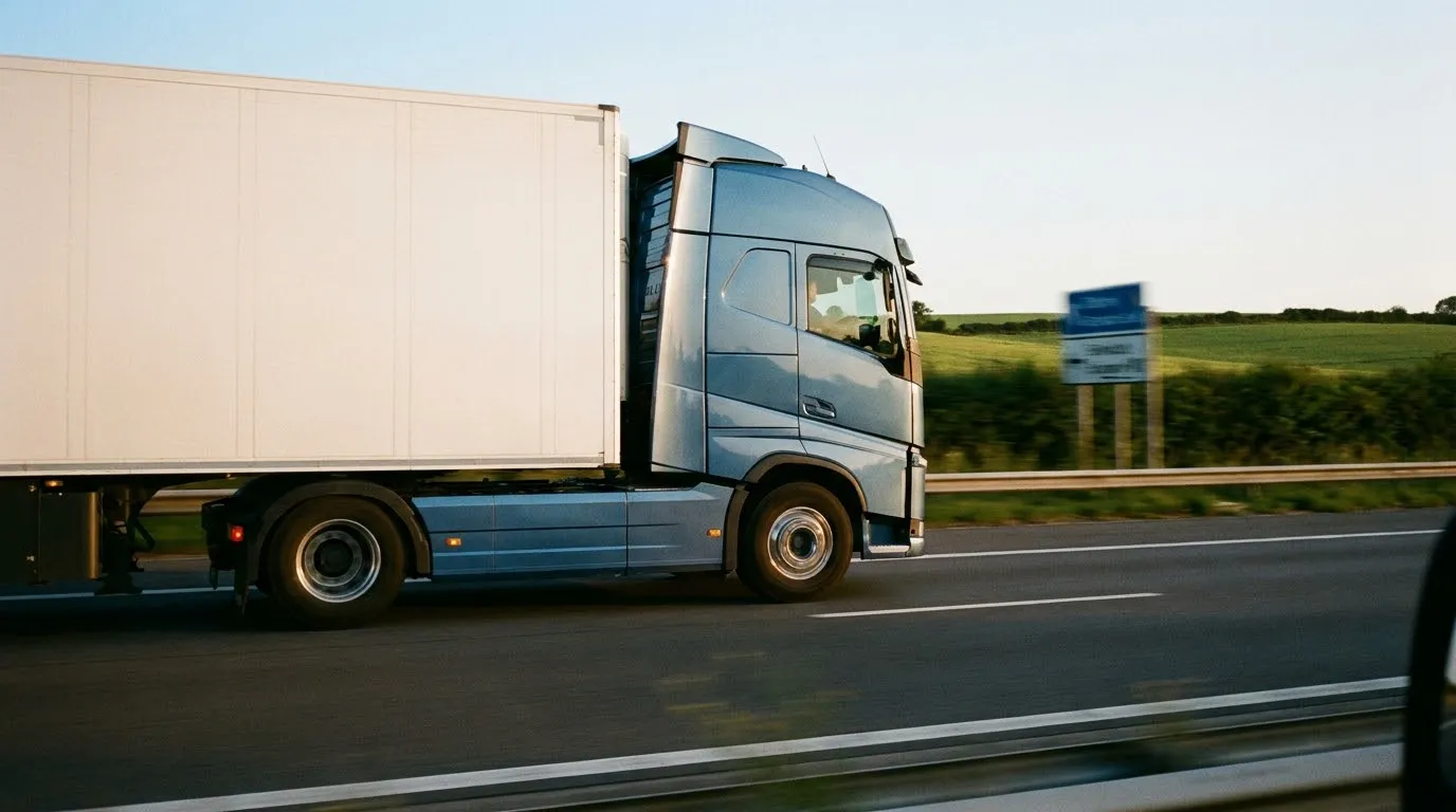 A tractor unit with a white semi-trailer on a motorway, side view