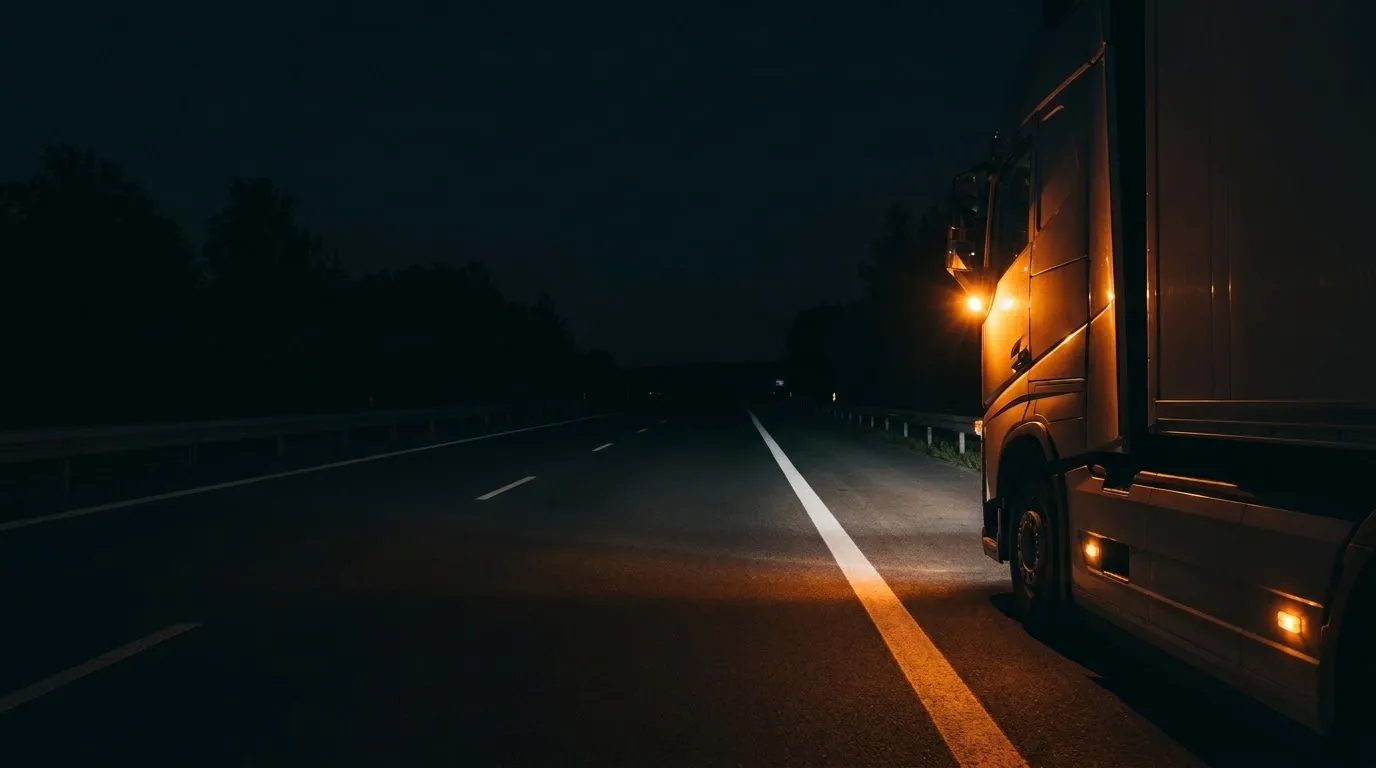 A truck at night on an empty motorway, amber lights on
