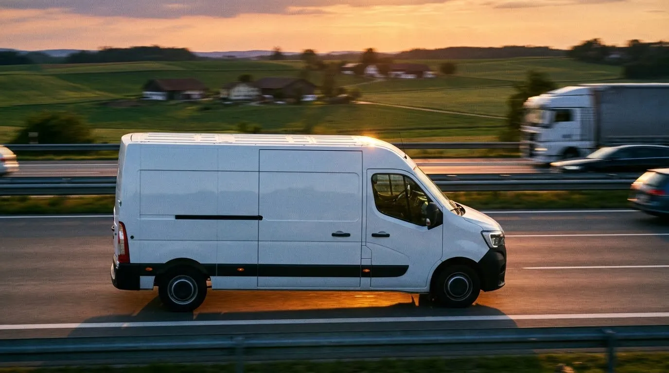 A white van on a motorway at sunset, with a truck behind it