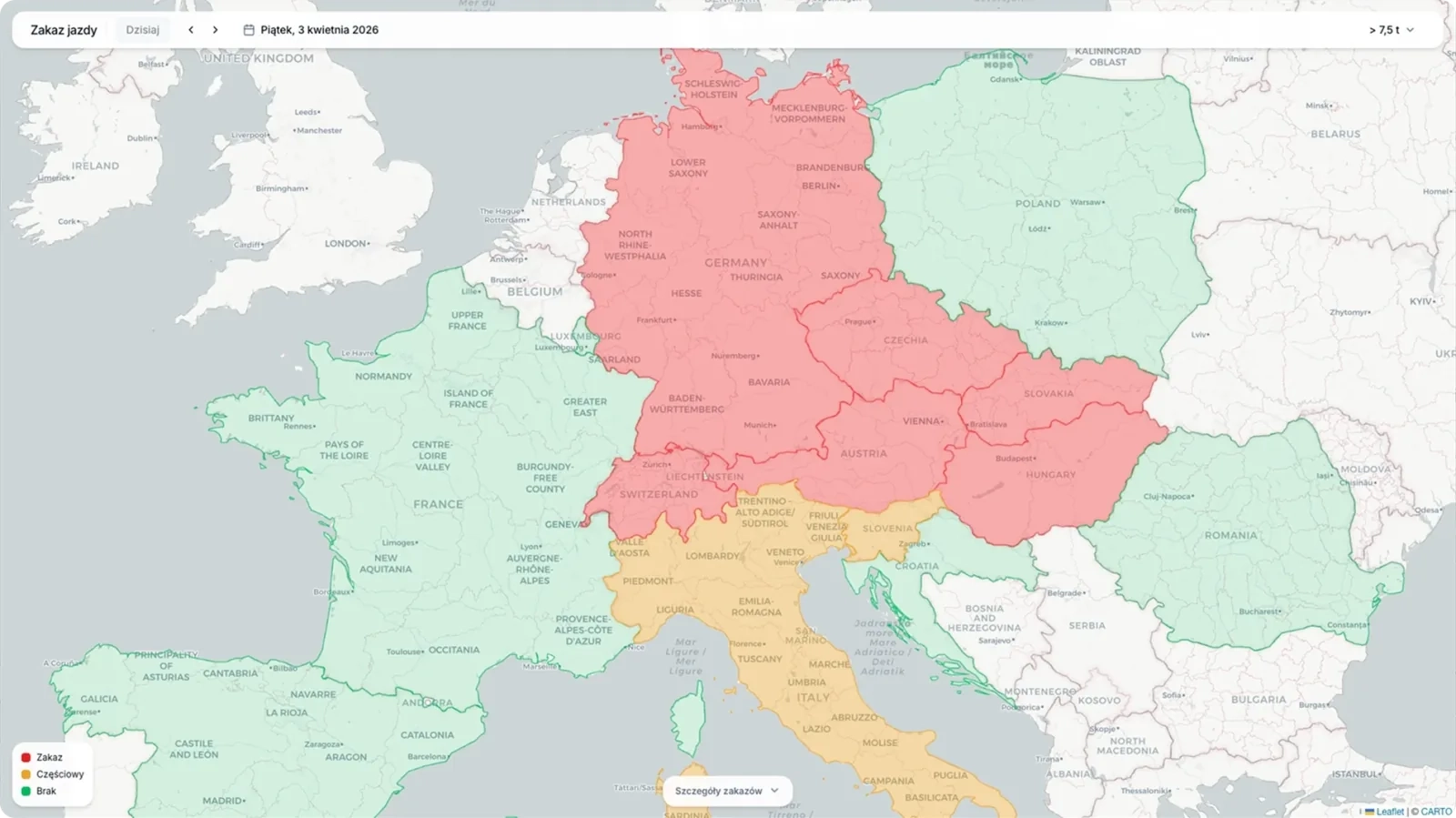 Mapa zakazów jazdy w Europie